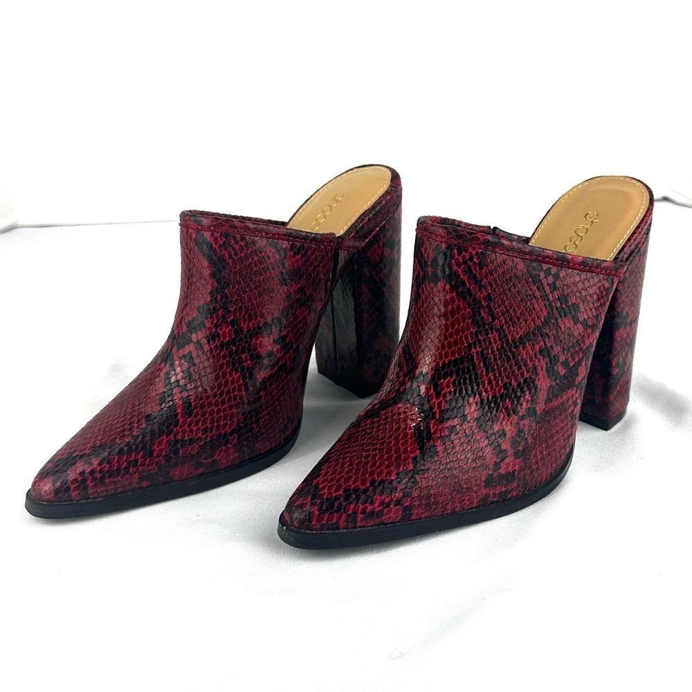 SHOE DAZZLE Rosemunda Red & Black Snakeskin Print Block Heeled Mules Sz 6